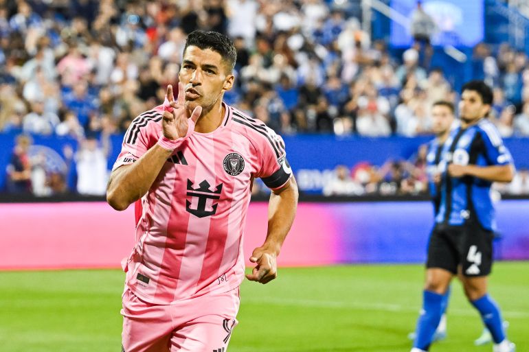 Luis Suarez celebrates his goal against Montreal during the second half at Saputo Stadium