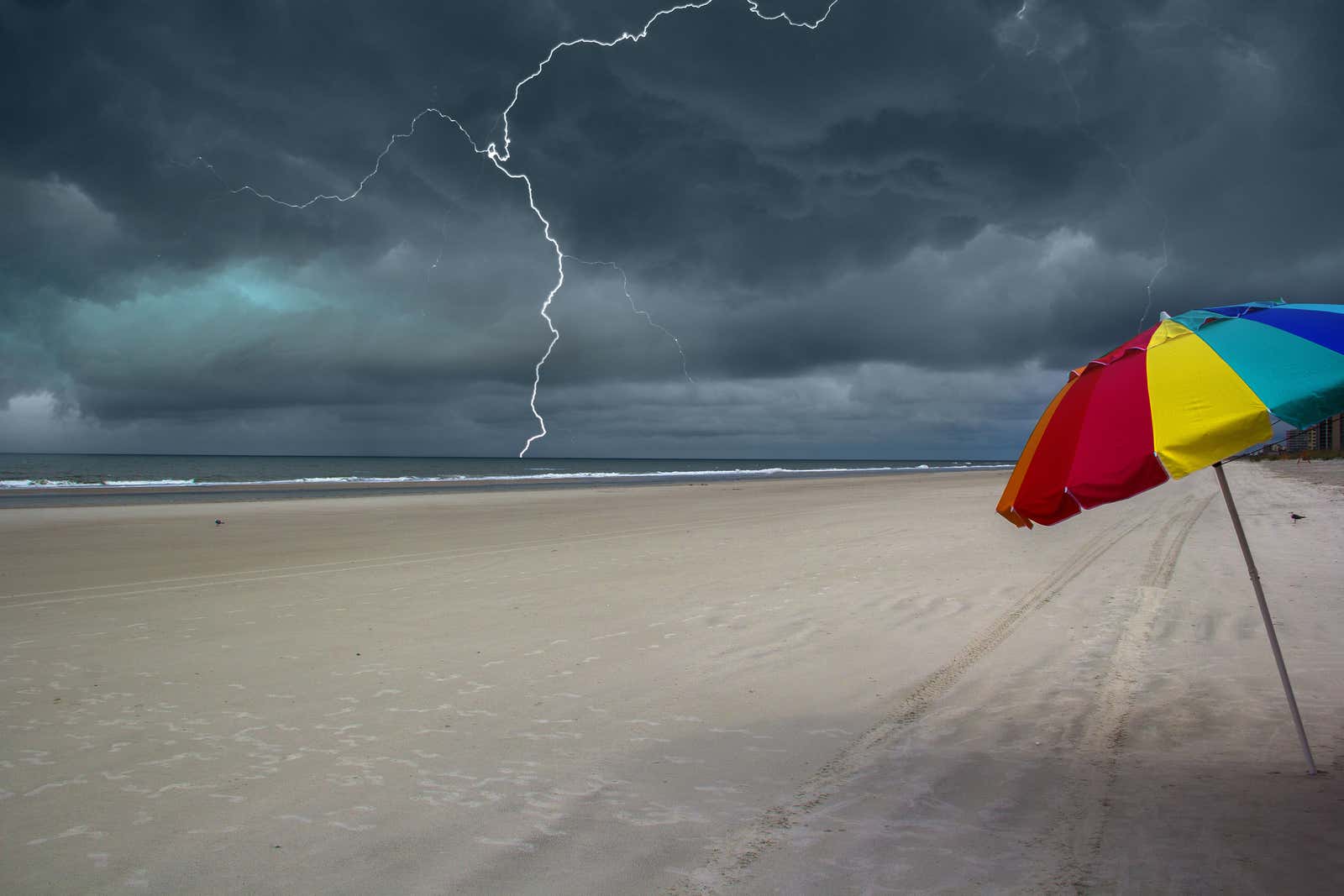 lightning strikes, storm clouds, beach