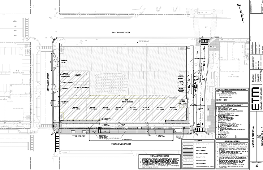 The Gateway Jax summary for the Pearl Square development Downtown shows Block N6 at 712 N. Hogan St., although it may be readdressed as 245 W. Beaver St. because the retail stores will face that street.