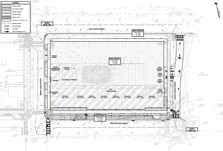 The site geometry plan for Block N6 shows retail spaces facing Beaver Street with garage uses behind it and above it.
