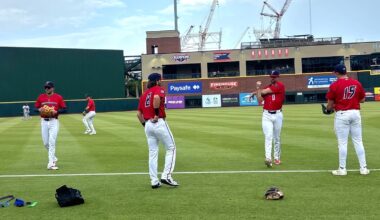 The Jumbo Shrimp stretching before the game.
