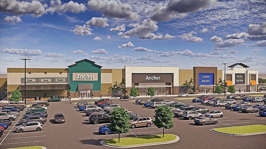 A rendering of Orange Park Plaza, the retail development project on the site of the closed Orange Park Mall Sears store, shows an anchor grocery store on the left. The developers said July 20 that Sprouts Farmers Market is the first signed tenant for the property.