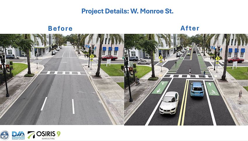 On Monroe Street, traffic lanes would be reduced from three to two and the street would be converted to two-way in a project in the planning phase. On Monroe Street, traffic lanes would be reduced from three to two and the street would be converted to two-way in a project in the planning phase.
