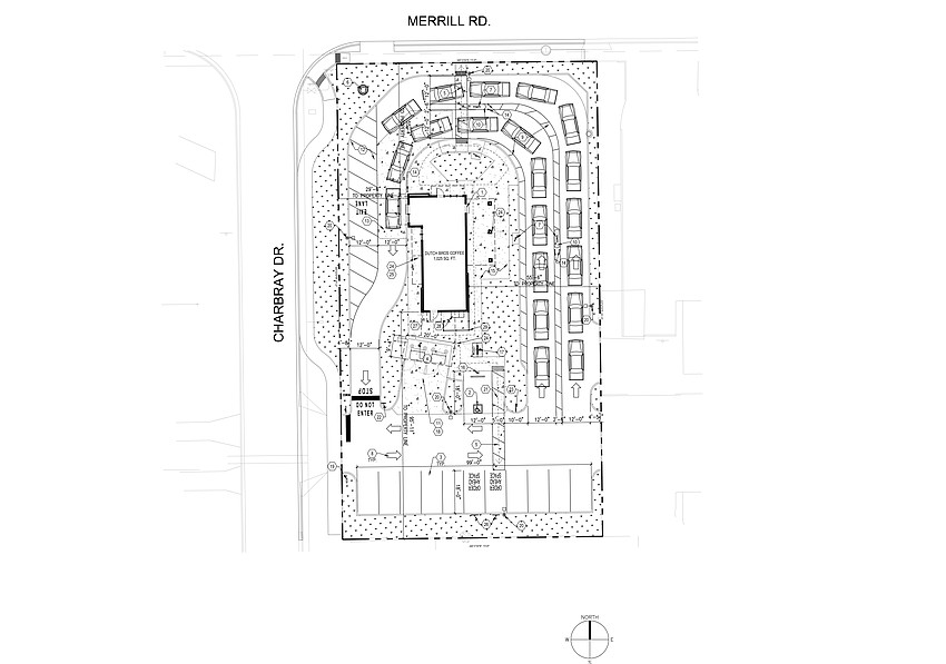 The site plan for the Dutch Bros Coffee kiosk approved for construction at 7130 Merrill Road.