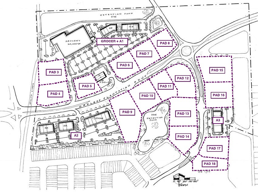 A site plan for the Oakleaf Parkway development shows a 60,000-square-foot grocery anchor alongside two large-format retail parcels and 15 smaller outparcels for restaurants and other commercial uses. A site plan for the Oakleaf Parkway development shows a 60,000-square-foot grocery anchor alongside two large-format retail parcels and 15 smaller outparcels for restaurants and other commercial uses.