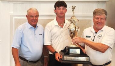 From left, Damon Olinto of Pinnacle Financial Partners, 2026 champion Cameron Reed and tournament chairman of JAGA Cary Helton