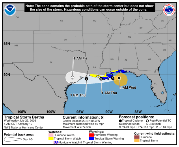 Tropical Storm Bertha's cone of uncertainty as of 8 a.m. EDT Wednesday, July 22, 2026. (NHC)