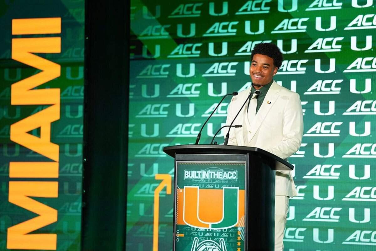 CHARLOTTE, NORTH CAROLINA - JULY 15: Quarterback Darian Mensa #10 of the Miami (FL) Hurricanes speaks during the ACC Kickoff media days at Hilton Charlotte Uptown on July 15, 2026 in Charlotte, North Carolina. (Photo by Matt Kelley/Getty Images)