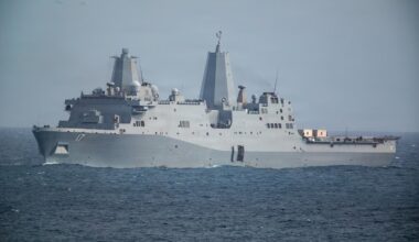 San Antonio-class amphibious transport dock USS San Antonio (LPD 17) sails towards the port of La Guaira, Venezuela, July 9, 2026. At the direction of U.S. Southern Command, assigned U.S. military forces are supporting Department of State-led U.S. disaster assistance to the people of Venezuela in the aftermath of the June 24, 2026, earthquakes. (U.S. Marine Corps photo)