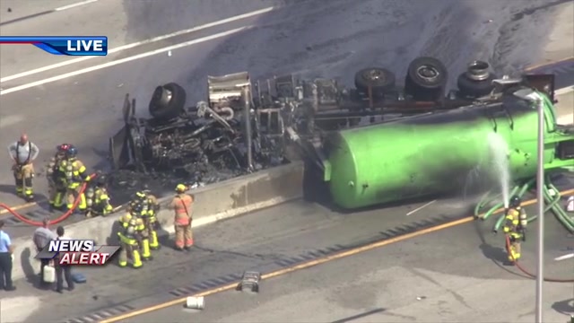 Septic tank truck driver killed in fiery rollover crash on Turnpike; highway closed near Bird Road in SW Miami-Dade - WSVN 7News | Miami News, Weather, Sports