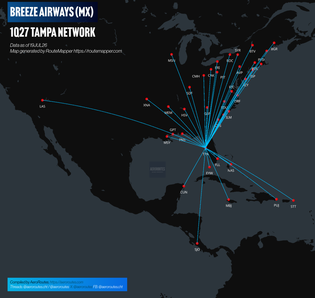 Breeze Airways 1Q27 Tampa Network Additions — AeroRoutes