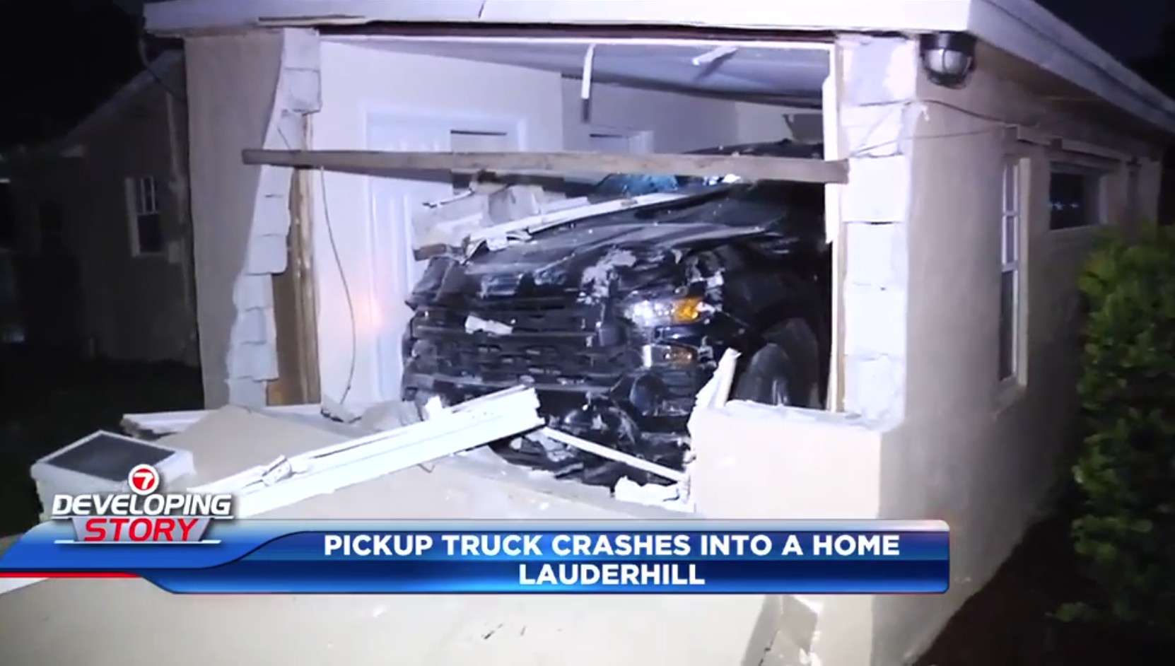 Pickup truck driver in custody for DUI after slamming into house in Lauderhill, police say; no injuries reported - WSVN 7News | Miami News, Weather, Sports
