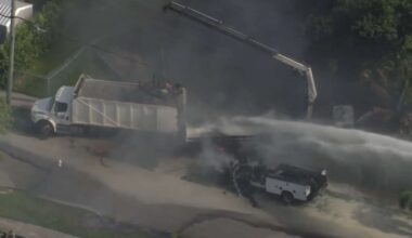 Public works driver hospitalized after contact with power line sparks bucket truck fire in SW Miami-Dade - WSVN 7News | Miami News, Weather, Sports