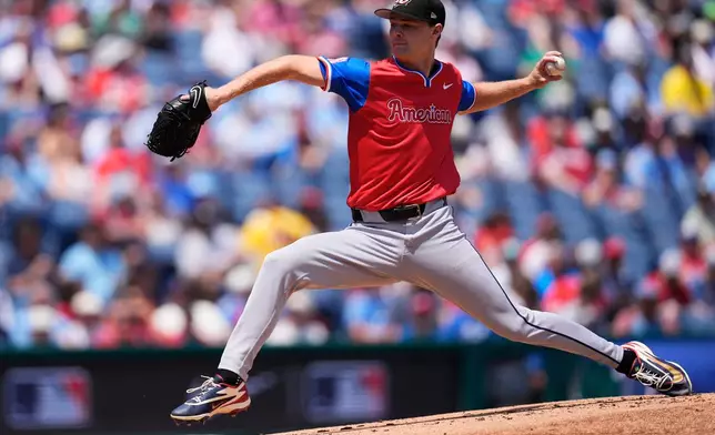 American League pitcher Max Anderson throws during the first inning of a MLB All-Star Futures baseball game against the National League on Sunday, July 12, 2026, in Philadelphia. (AP Photo/Chris Szagola)