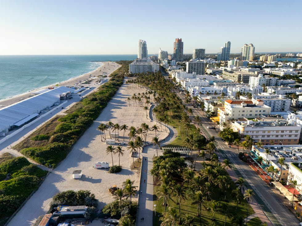 Aerial View of Miami Beach Ocean Drive and Coastal Park