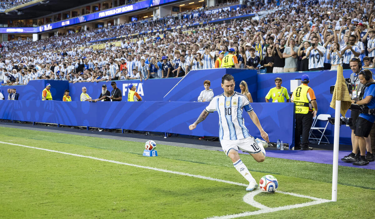 Argentina forward Lionel Messi (10) takes a corner kick against Cape Verde in the second half of their FIFA World Cup 2026 Round of 32 soccer match at Hard Rock Stadium (Miami Stadium) on Friday, July 3, 2026, in Miami Gardens, Fla.