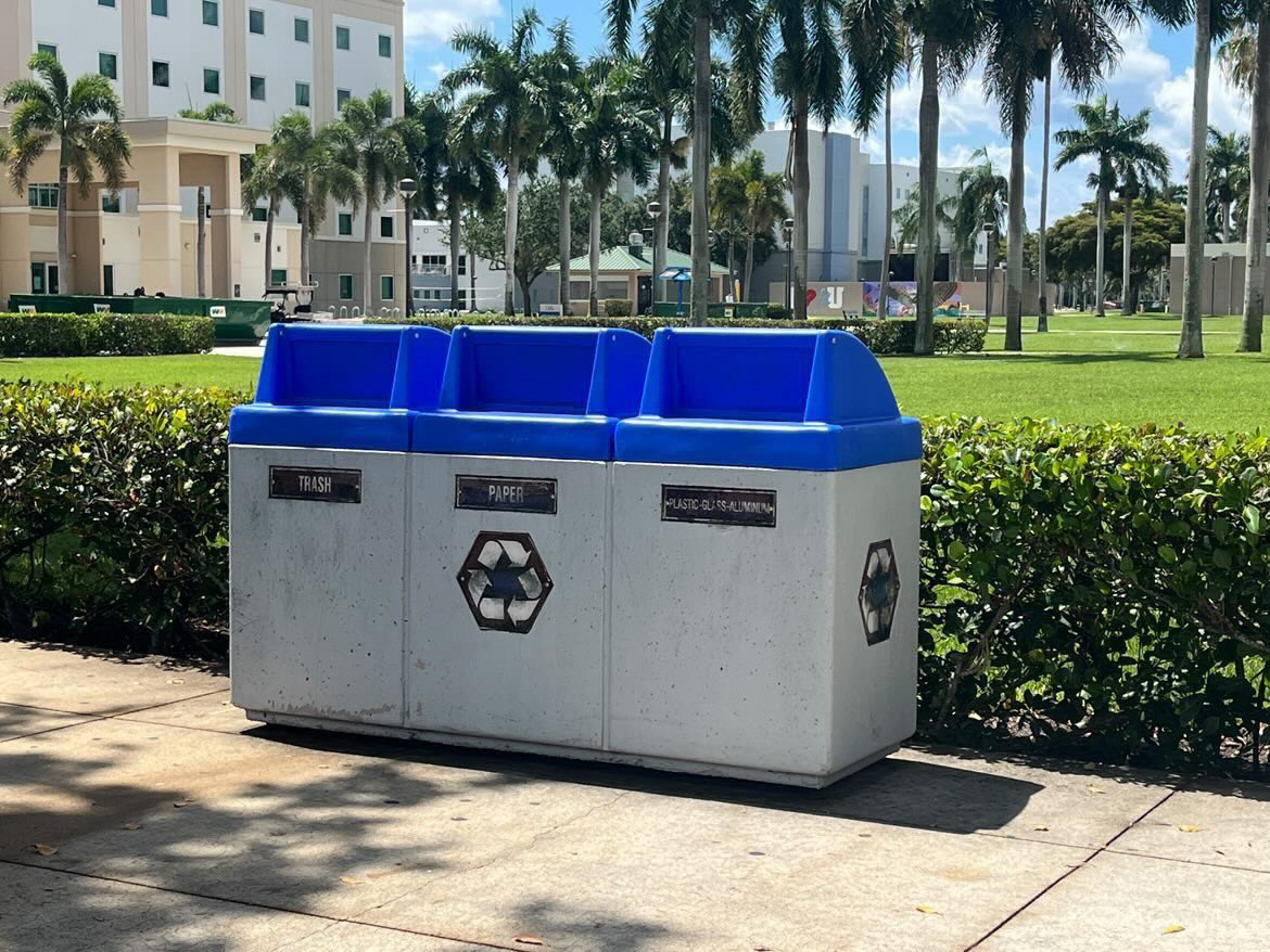 A photo of the recycling bins on FAU’s Boca Raton Campus.