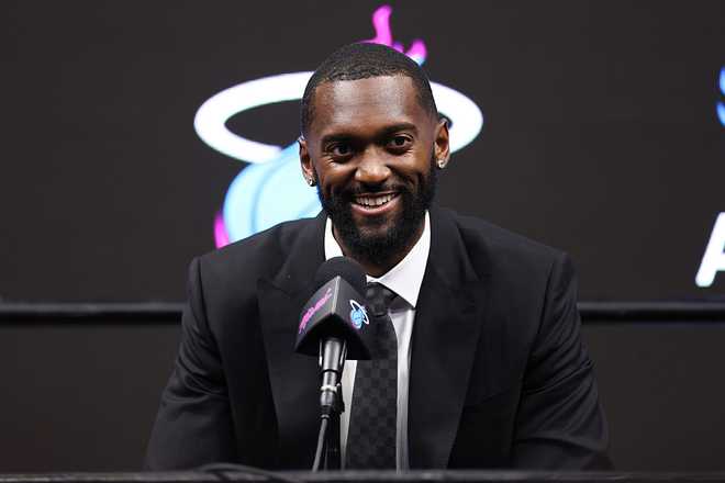 Miami Heat Introduces Bobby Portis, Jr. and Giannis Antetokounmpo MIAMI, FLORIDA - JULY 16: Bobby Portis #95 of the Miami Heat speaks to the media during an introductory press conference at Kaseya Center on July 16, 2026 in Miami, Florida. NOTE TO USER: User expressly acknowledges and agrees that, by downloading and or using this photograph, User is consenting to the terms and conditions of the Getty Images License Agreement. (Photo by Megan Briggs/Getty Images)