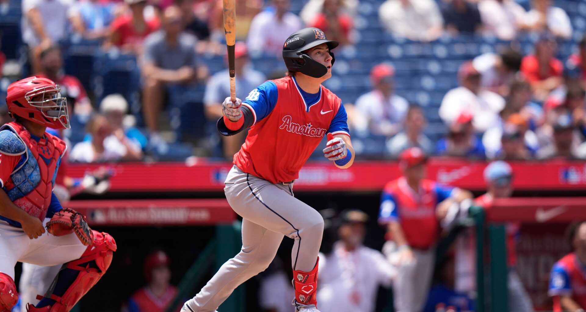 American League's Nathan Flewelling reacts to his two-run home run against National League pitcher Wen-Hui Pan in the sixth inning during the MLB All-Star Futures baseball game Sunday, July 12, 2026, in Philadelphia. (AP Photo/Chris Szagola)