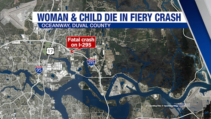 3-year-old, woman dead after Jeep veers off I-295, erupts in flames