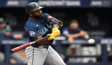 Seattle Mariners' Randy Arozarena hits a three-run home run during the fourth inning of a baseball game against the Tampa Bay Rays, Sunday, July 12, 2026, in St. Petersburg, Fla. (AP Photo/Phelan M. Ebenhack)