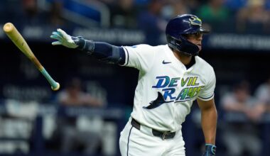 Tampa Bay Rays' Richie Palacios drops his bat as he watches his three-run home run off Cleveland Guardians pitcher Hunter Gaddis during the eighth inning of a baseball game Friday, July 24, 2026, in St. Petersburg, Fla. (AP Photo/Chris O'Meara)
