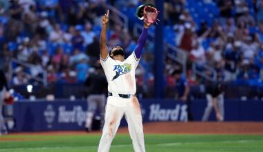 Tampa Bay Rays third baseman Junior Caminero reacts after the team defeated theCleveland Guardians during a baseball game Saturday, July 25, 2026, in St. Petersburg, Fla. (AP Photo/Chris O'Meara)