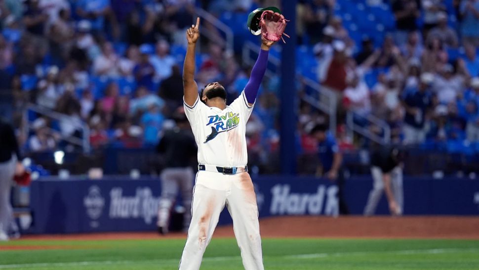 Tampa Bay Rays third baseman Junior Caminero reacts after the team defeated theCleveland Guardians during a baseball game Saturday, July 25, 2026, in St. Petersburg, Fla. (AP Photo/Chris O'Meara)