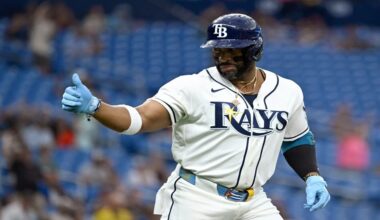 Tampa Bay Rays' Yandy Díaz celebrates as he rounds the bases after home run during the first inning of a baseball game against the Texas Rangers Wednesday, July 29, 2026, in St. Petersburg, Fla. (AP Photo/Jason Behnken)