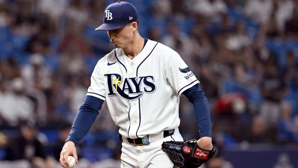 Tampa Bay Rays pitcher Griffin Jax waits for the next batter after giving up a three-run hime run to New York Yankees' José Caballero during the fifth inning of a baseball game Monday, July 6, 2026, in St. Petersburg, Fla. (AP Photo/Jason Behnken)