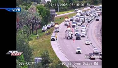 2 northbound lanes on I-95 near SR 860 closed after cement truck rollover; condition of driver unknown - WSVN 7News | Miami News, Weather, Sports