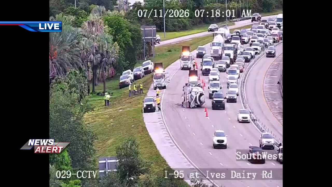 2 northbound lanes on I-95 near SR 860 closed after cement truck rollover; condition of driver unknown - WSVN 7News | Miami News, Weather, Sports