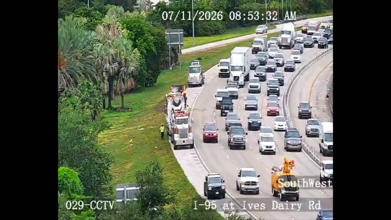 Traffic resumed on I-95 near SR 860 after cement truck rollover briefly closes two northbound lanes; condition of driver unknown - WSVN 7News | Miami News, Weather, Sports