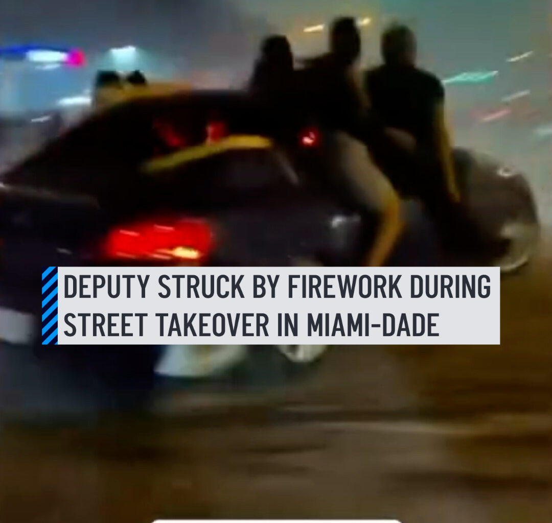 A Miami-Dade deputy was injured after a suspect launched a firework at them during a street takeover in Northwest Miami-Dade on Sunday, deputies said. According to the Miami-Dade Sheriff's Office, the deputy was investigating an illegal street takeover at NW 77th Court and 169th Street. During their investigation, the deputy was going to take one suspect into custody when another suspect launched a live firework at them, which exploded and caused a minor burn to the deputy's hand. #firework #streettakeover #deputy #police #caughtoncamera