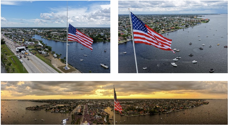 Aerial montage of the 2026 Cape Coral Raise the Flag ceremony showing a large American flag flying above the Caloosahatchee River, with boats gathered on the water and crowds, traffic, and city buildings lining the shoreline under partly cloudy and sunset skies.
