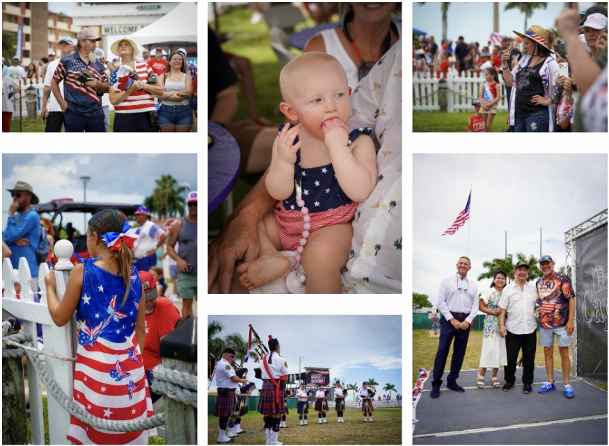 Montage of photos from the 2026 Cape Coral Raise the Flag ceremony showing families, children, and attendees dressed in patriotic red, white, and blue outfits, a baby in a star‑spangled onesie, a young girl looking through a white fence, a bagpipe band performing on the grass, and event organizers posing on stage with the American flag flying overhead.