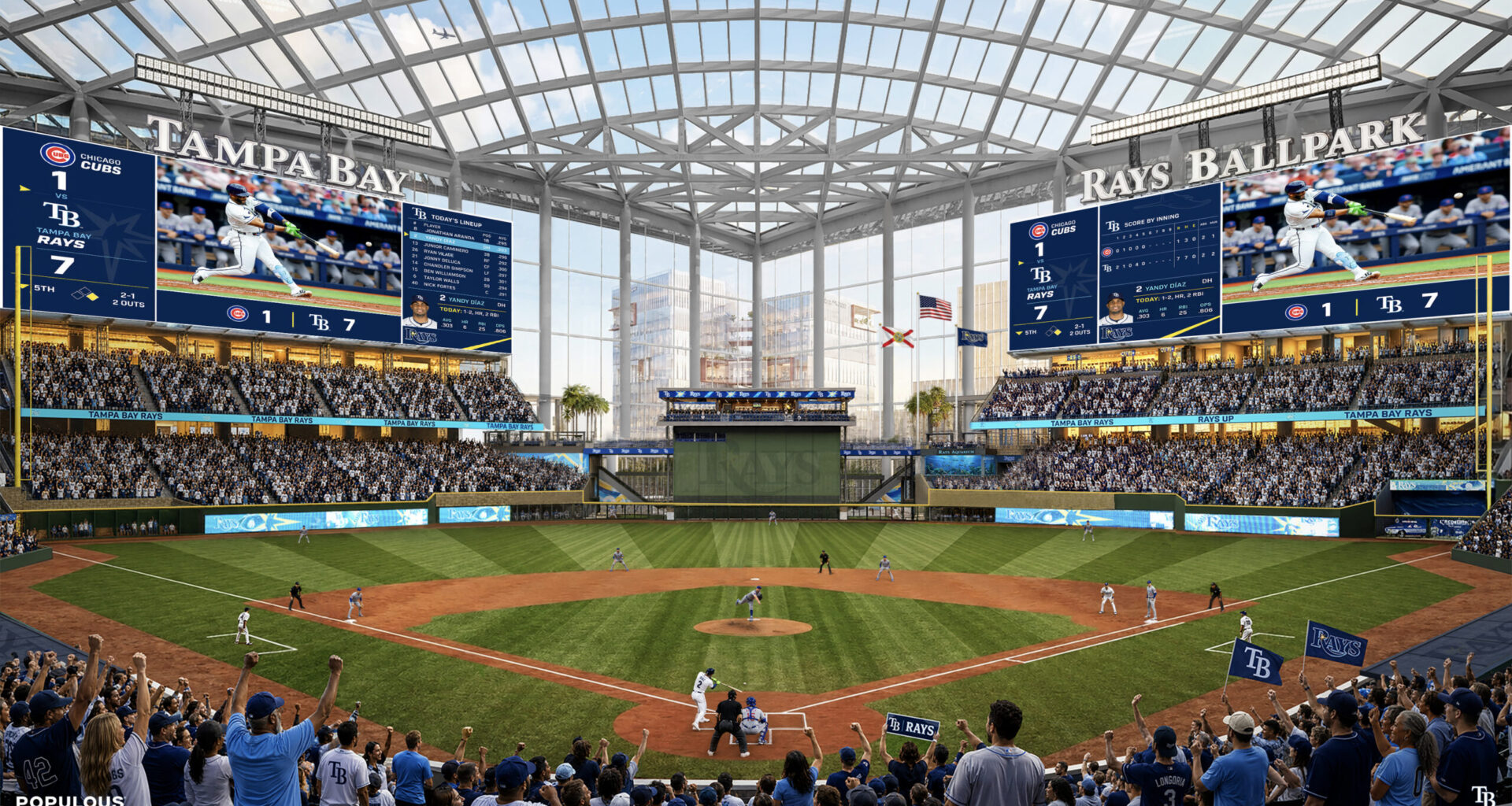 Renderings show the Tampa Bay Rays' proposed Forever Home development, including a new ballpark, office buildings, landscaped public spaces and pedestrian bridges connecting the mixed-use district.