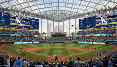 Renderings show the Tampa Bay Rays' proposed Forever Home development, including a new ballpark, office buildings, landscaped public spaces and pedestrian bridges connecting the mixed-use district.