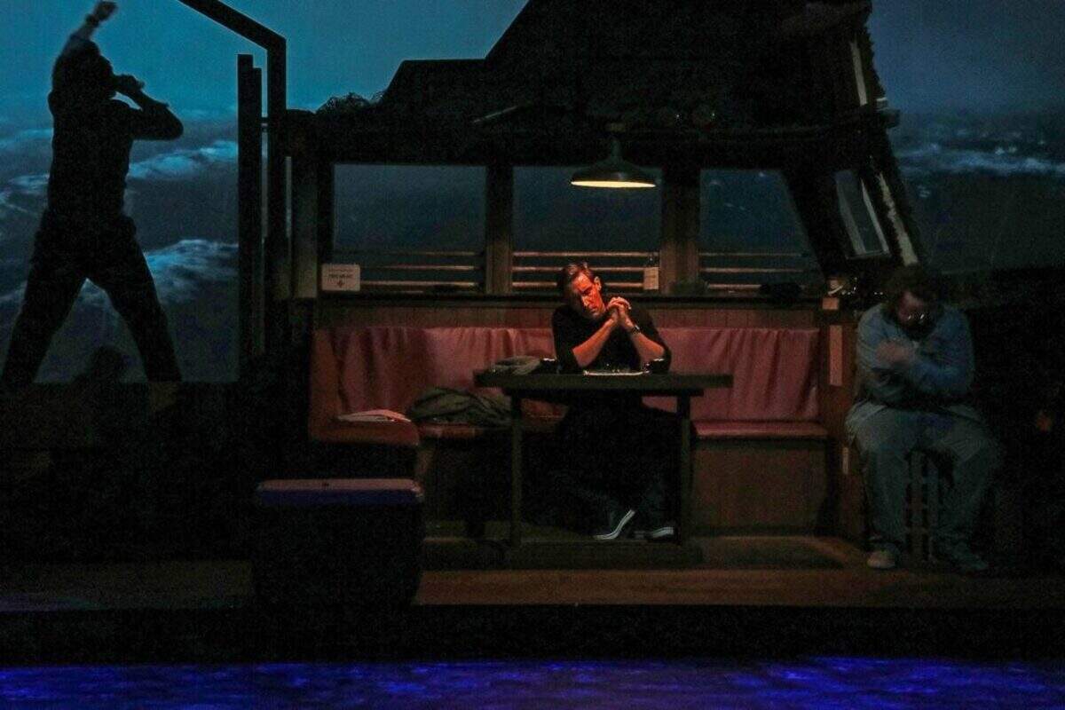 The mood aboard the Orca is heightened by projections, lighting and scenic design in Actors’ Playhouse’s production of “The Shark Is Broken.”