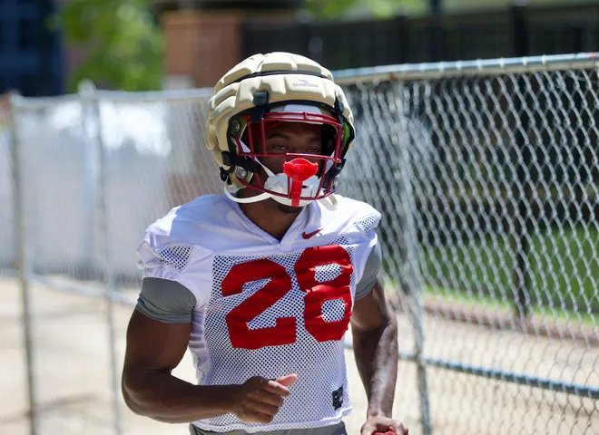 FSU football's Samuel Singleton Jr walks into the first practice of preseason camp on Wednesday, July 30, 2025