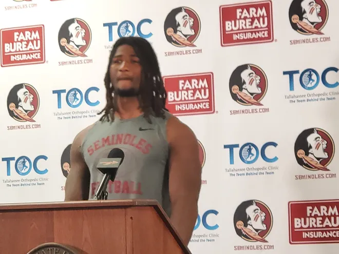 Mandrell Desir, FSU's defensive lineman, talks to the media after practice Sept, 17, 2025