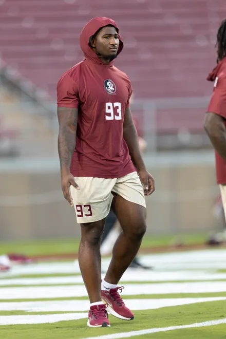Oct 18, 2025; Stanford, California, USA; Florida State Seminoles defensive lineman Mandrell Desir (93) warms up before the start of the first quarter against the Stanford Cardinal at Stanford Stadium. Mandatory Credit: Stan Szeto-Imagn Images