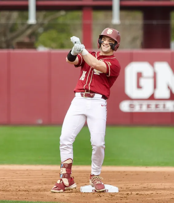 Brayden Dowd celebrates as Florida State baseball beat James Madison 16-5 on Saturday, Feb. 14 at Dick Howser Stadium