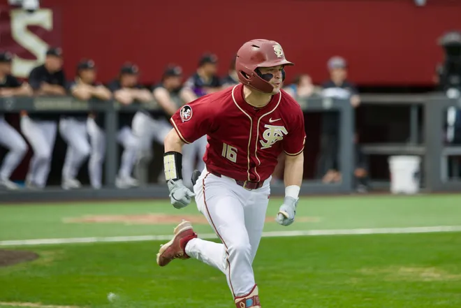 Brayden Dowd runs to first base as Florida State baseball beat James Madison 16-5 on Saturday, Feb. 14 at Dick Howser Stadium