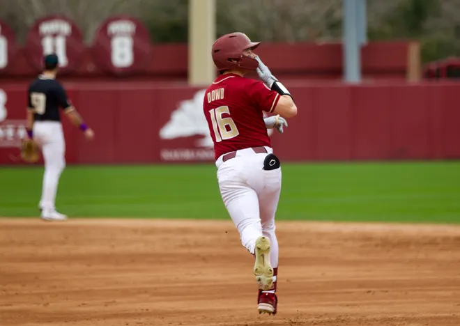 Brayden Dowd celebrates as Florida State baseball beat James Madison 16-5 on Saturday, Feb. 14 at Dick Howser Stadium