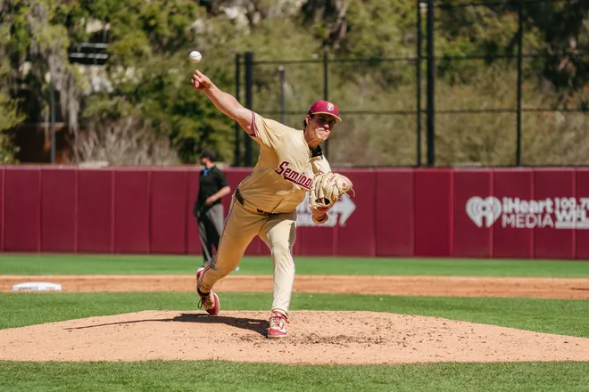 Bryson Moore throws a pitch as FSU baseball beats the Citadel on Sunday, March 1, 2026 at Dick Howser Stadium.