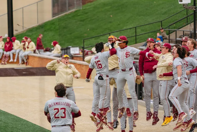 Florida State baseball's Brayden Dowd celebrates a home run against Wake Forest on Friday, March 13, 2026