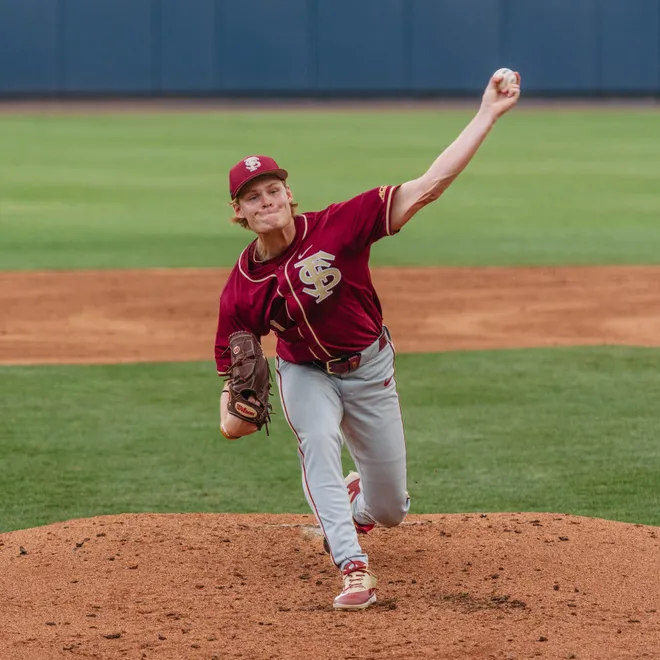 FSU baseball's Wes Mendes throws a pitch against Virginia on Thursday, April 2, 2026