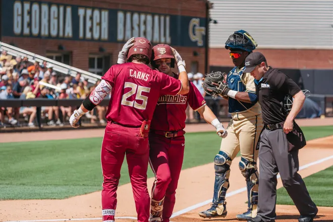 FSU baseball's Brayden Dowd celebrates with Hunter Carns after a home run against Georgia Tech on Saturday, April 11, 2026