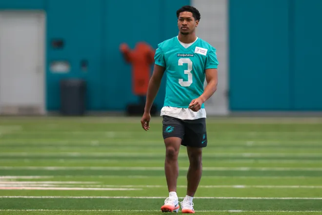May 8, 2026; Miami Gardens, FL, USA; Miami Dolphins cornerback Chris Johnson (10) works during rookie minicamp at Baptist Health Training Complex. Mandatory Credit: Sam Navarro-Imagn Images